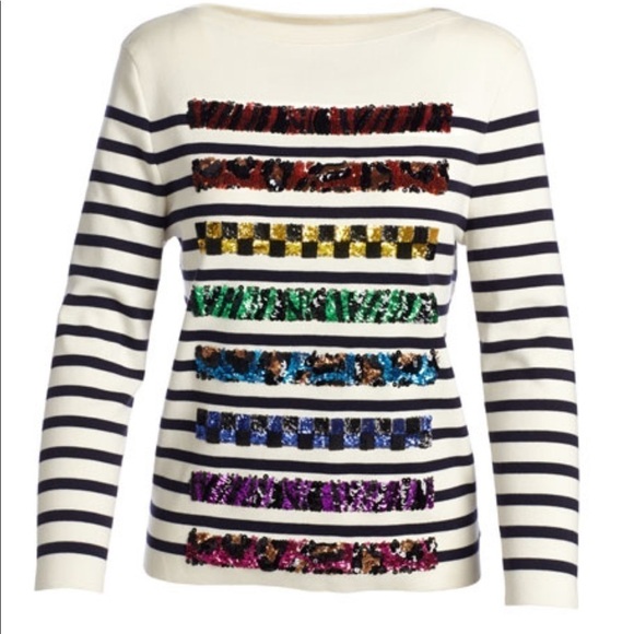 Marc Jacobs | Striped Knit Animal Sequin Bateau Cashmere Cotton Blend Sweater M - Picture 2 of 16